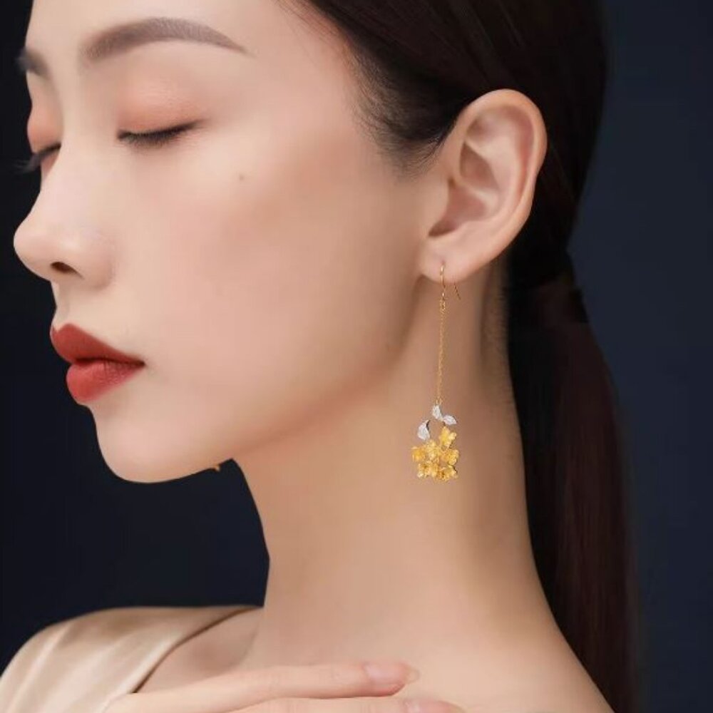 Osmanthus Sterling Silver Gold plated long dangle earrings - Asian Chinese theme